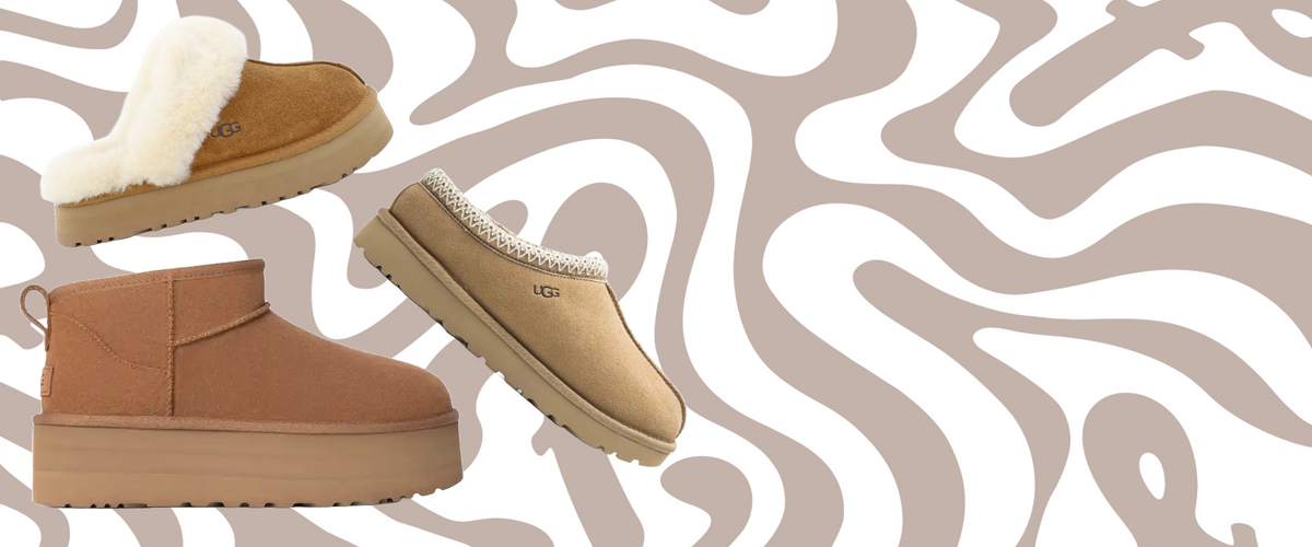 UGG boots en slippers op een beige golvend patroon